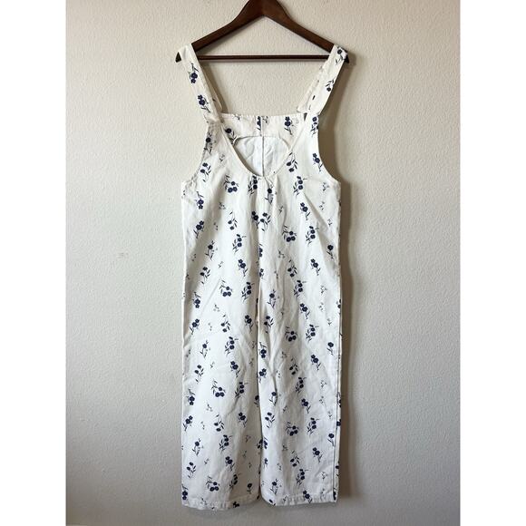ZARA Floral Denim Overalls Size S Jumpsuit Cream Blue Cottagecore Wide Leg NWT - Picture 6 of 12